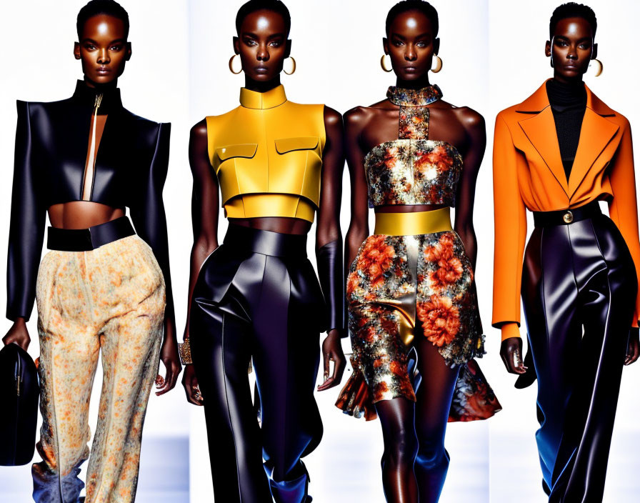 High-Fashion Collection: Bold Colors, Diverse Designs, Crop Tops, Metallic Accents, Tail