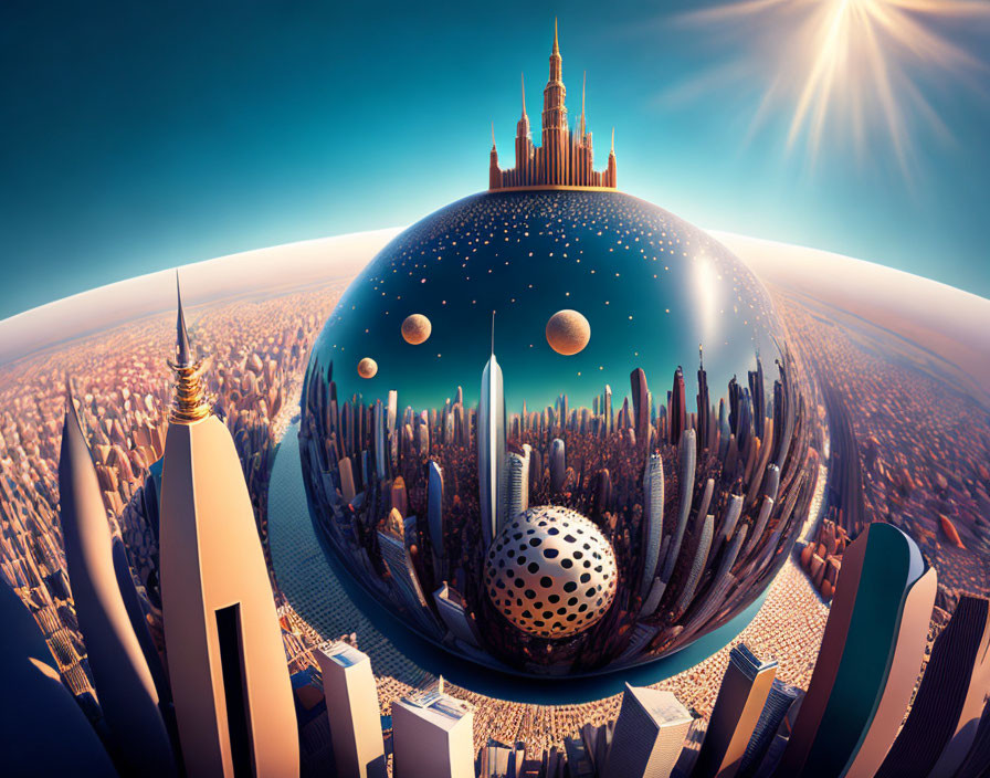 Futuristic cityscape with skyscrapers and central spherical structure under clear sky.