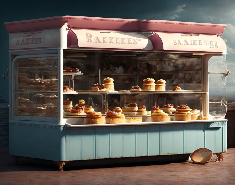 Vintage-style bakery kiosk with pastries and cakes under cloudy sky