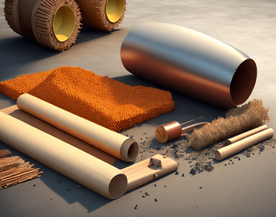 Various Objects 3D Rendering with Copper Pipes, Cylinders, Brushes, and Spheres