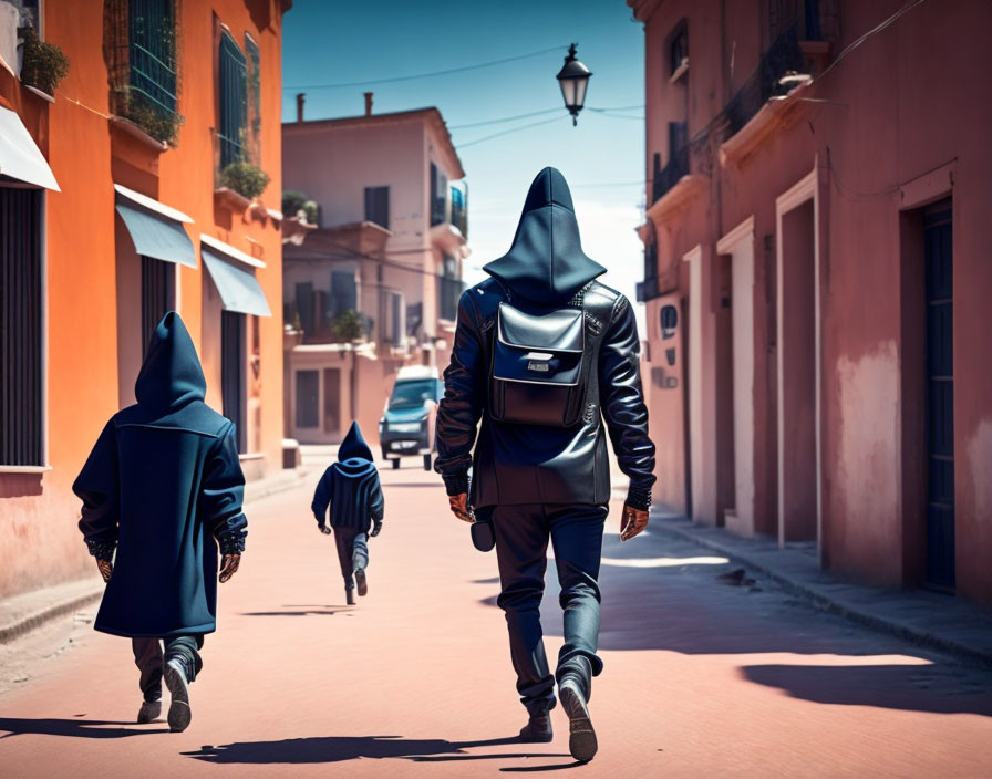 Three individuals in hoodies walking on sunny street with backpacks.