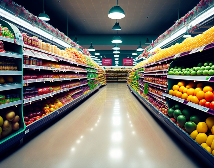 Vibrant fruits and vegetables in well-stocked grocery store aisles