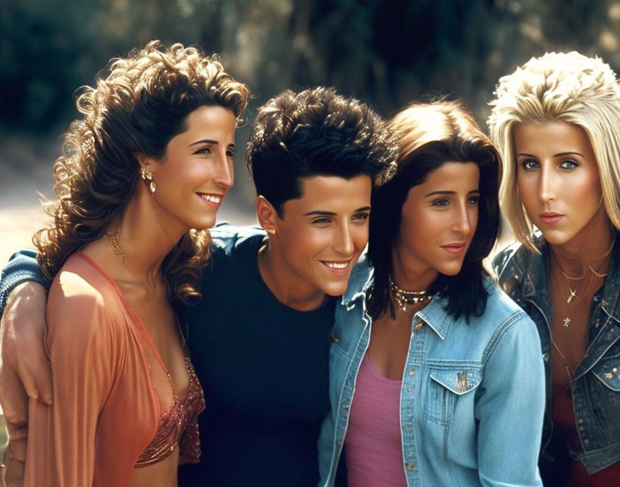 Four young adults in stylish 90s-inspired outfits with trendy hairdos smiling together