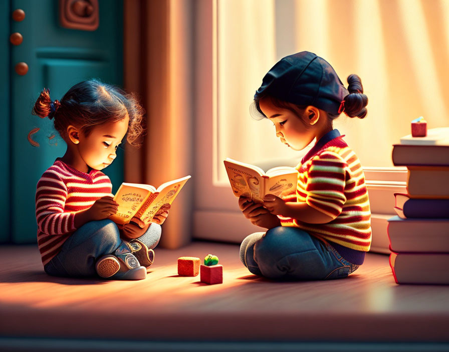 Children reading books in cozy sunlit nook