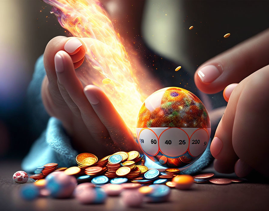 Hand casting fiery spell over crystal ball with dice and coins - fantasy gaming theme