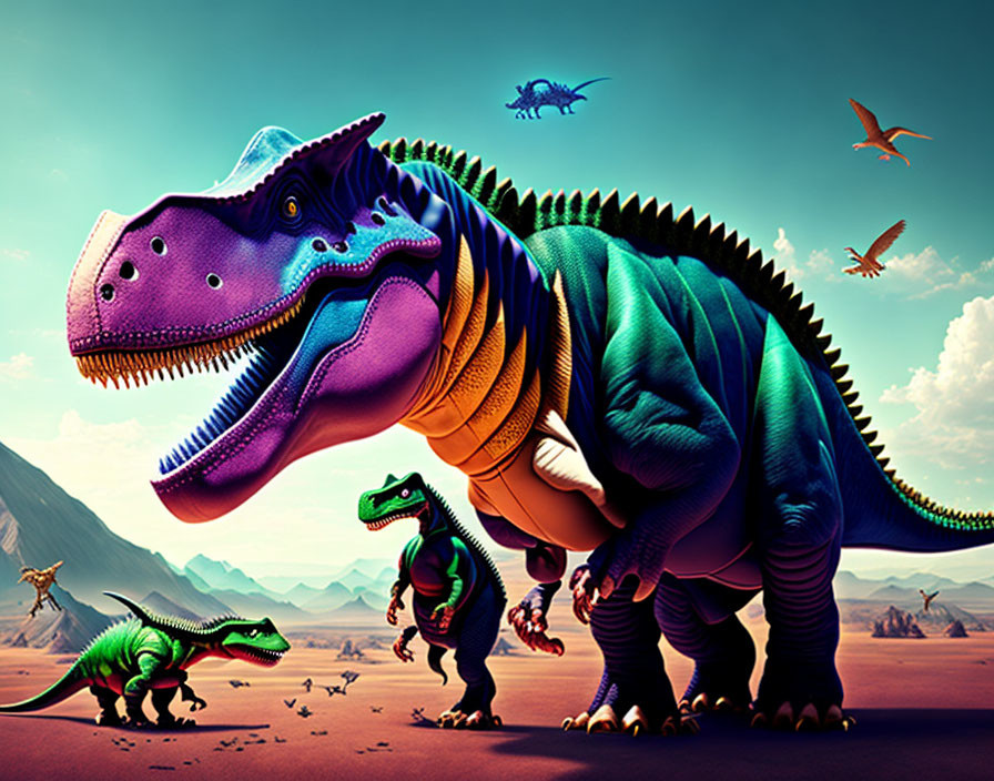 Vibrant cartoon-style dinosaurs in colorful landscape