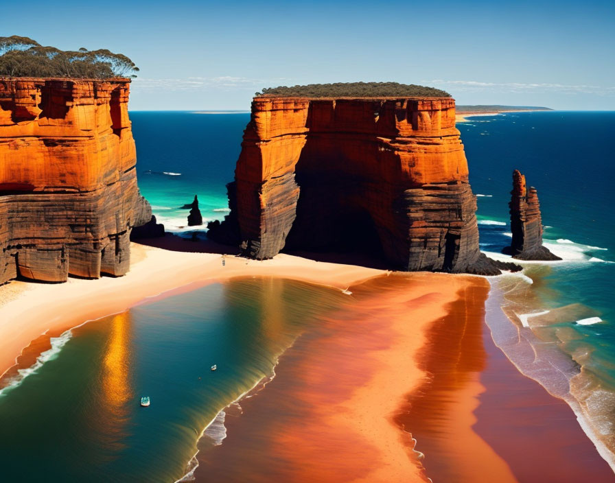 Vibrant coastal scene: red cliffs, sandy beach, blue waters, small figures.