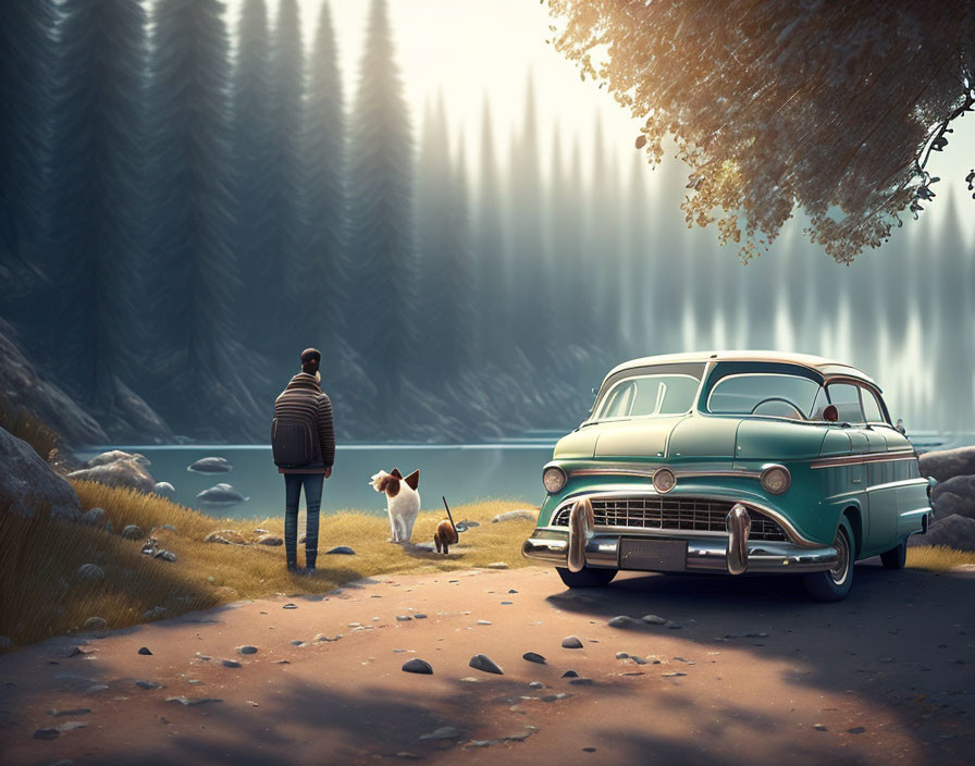 Person and dog by vintage car at serene lake in mystical light