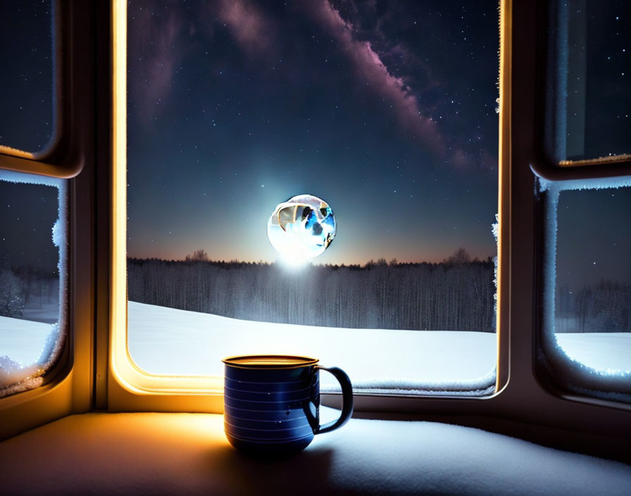 Cup on windowsill with snowy night view and full moon