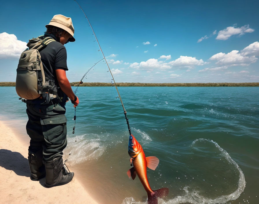 Angler in hat and vest catches bright orange fish by the shore