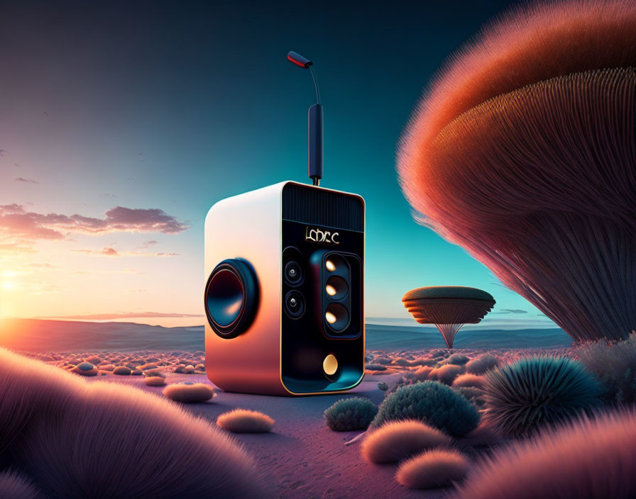 Modern Speaker with Telescopic Antenna in Surreal Desert Landscape