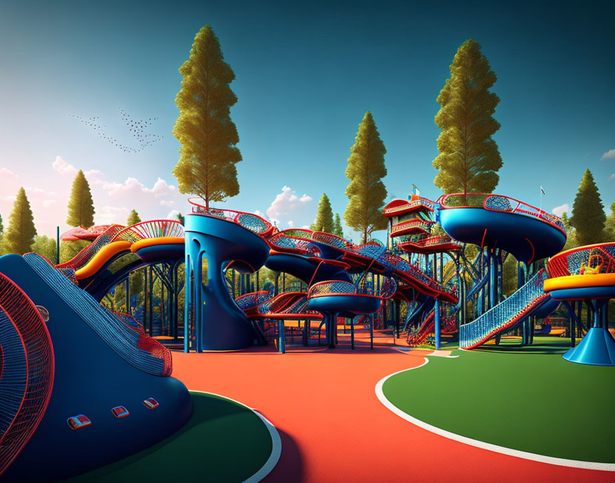 Vibrant modern playground with blue and red structures, slides, and climbing areas among tall green trees