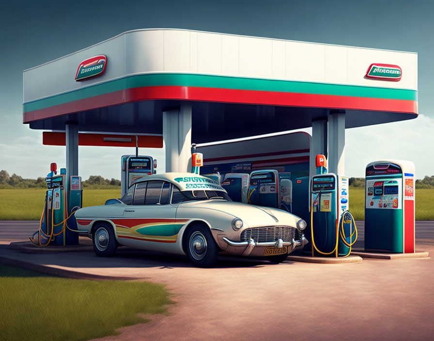 Classic Car at Retro Fuel Station with Multiple Pumps