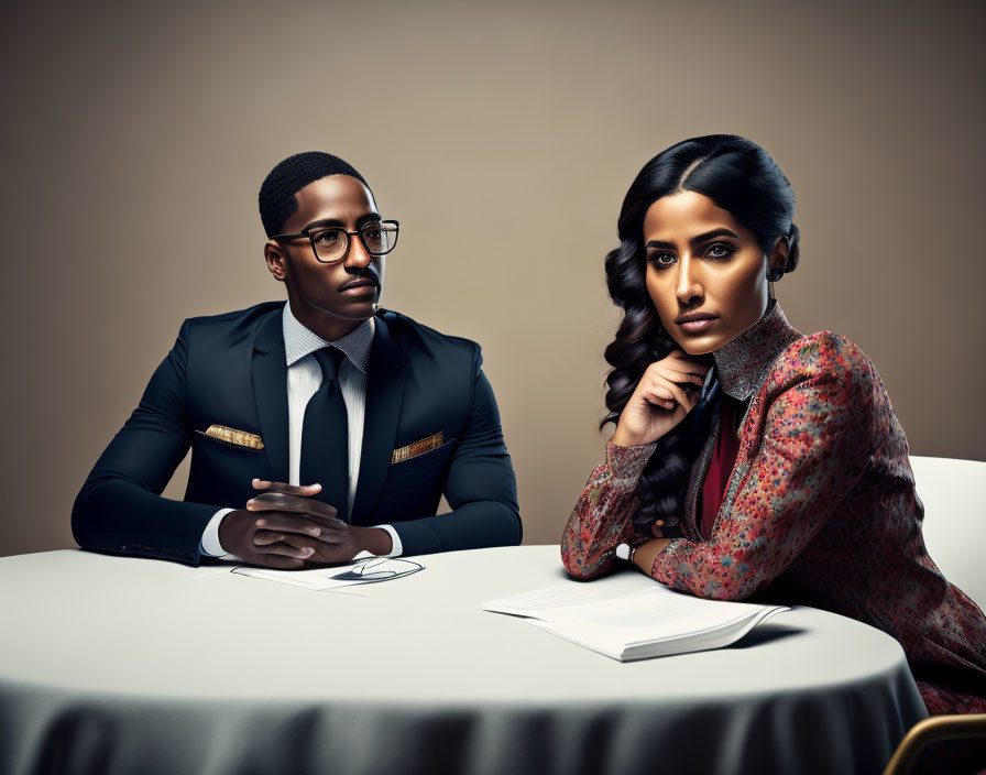 Professional man and woman confidently seated at a table with a document