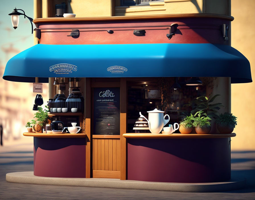 Cozy urban coffee shop with blue awning, outdoor shelves, and potted plants