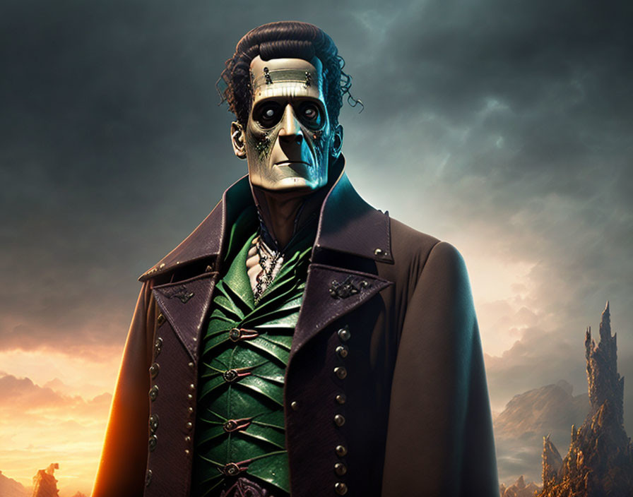 Victorian-style Frankenstein's creature in overcoat against ominous sky