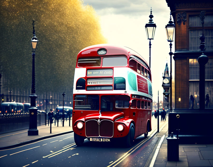 Iconic London Double-Decker Bus on Twilight Street