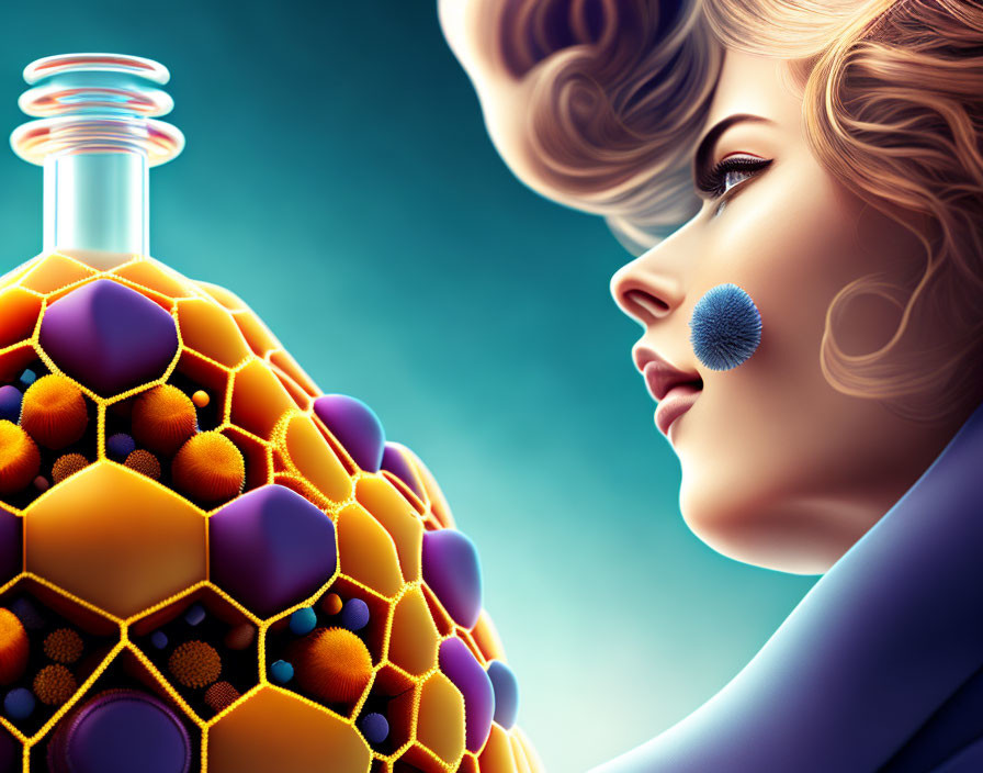 Stylized woman with colorful molecular structure perfume bottle