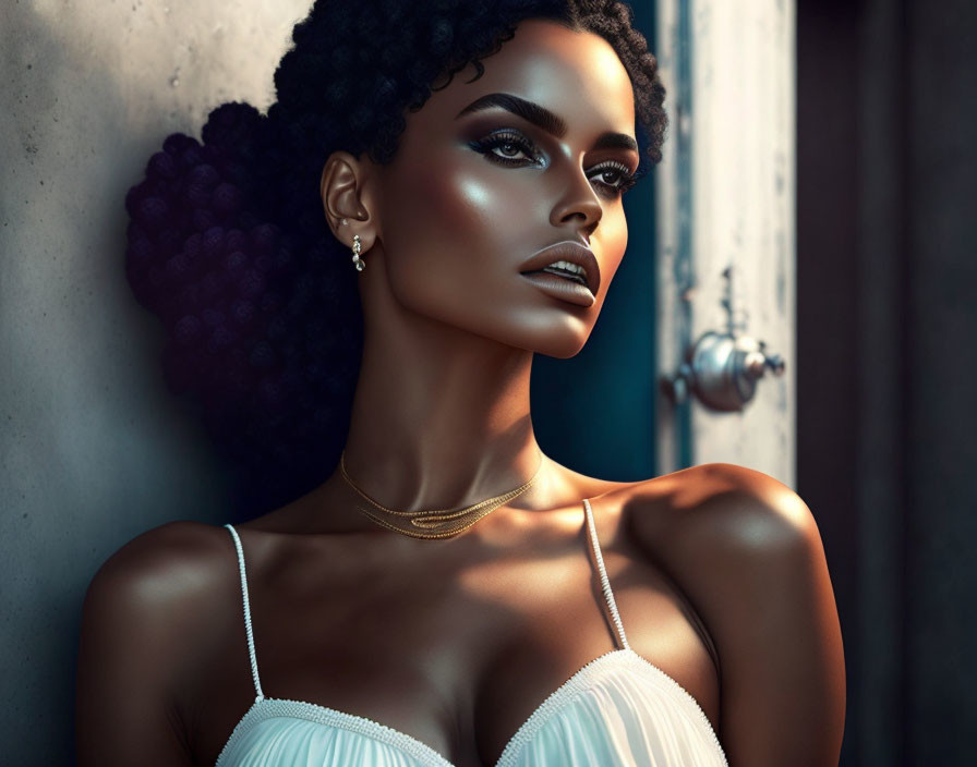 Striking digital portrait of a woman with bold makeup and elegant white dress