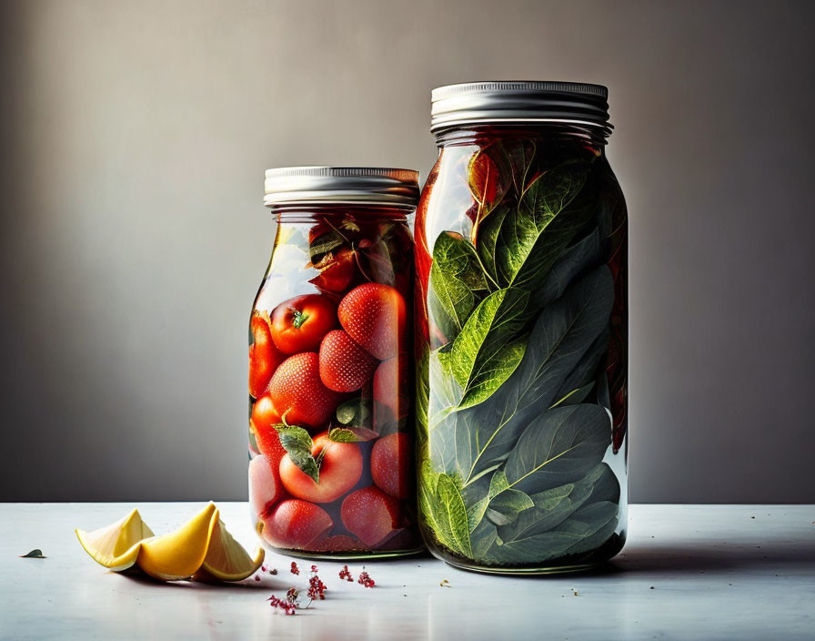 Glass jars with strawberries, lemon, and salt on table.