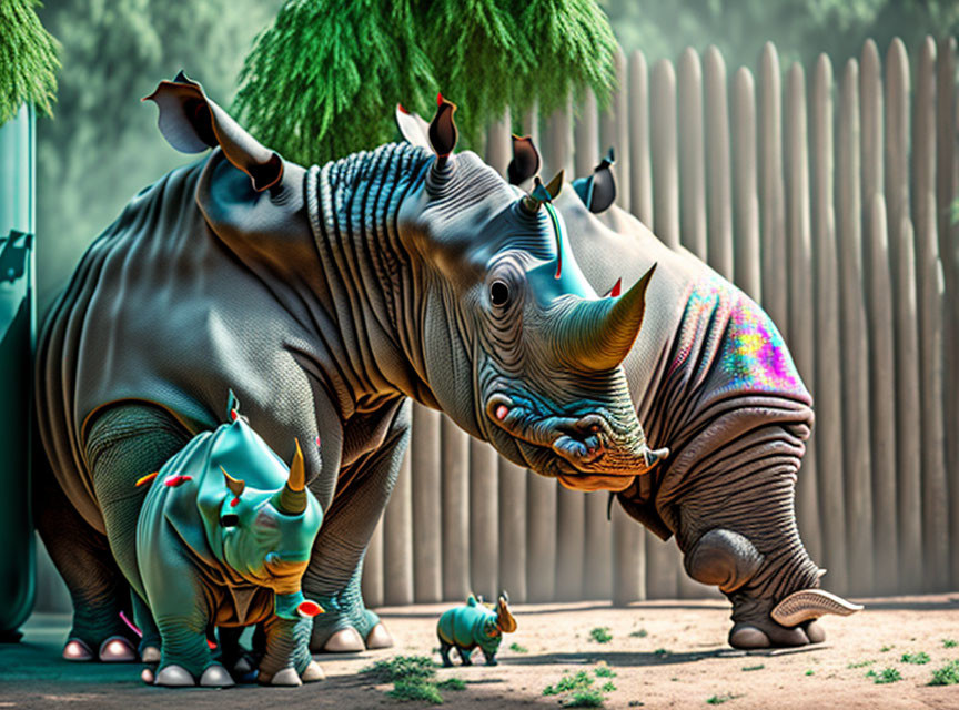 Fantasy-themed digitally altered image of rhinoceroses with vibrant, sparkling skin and small creatures