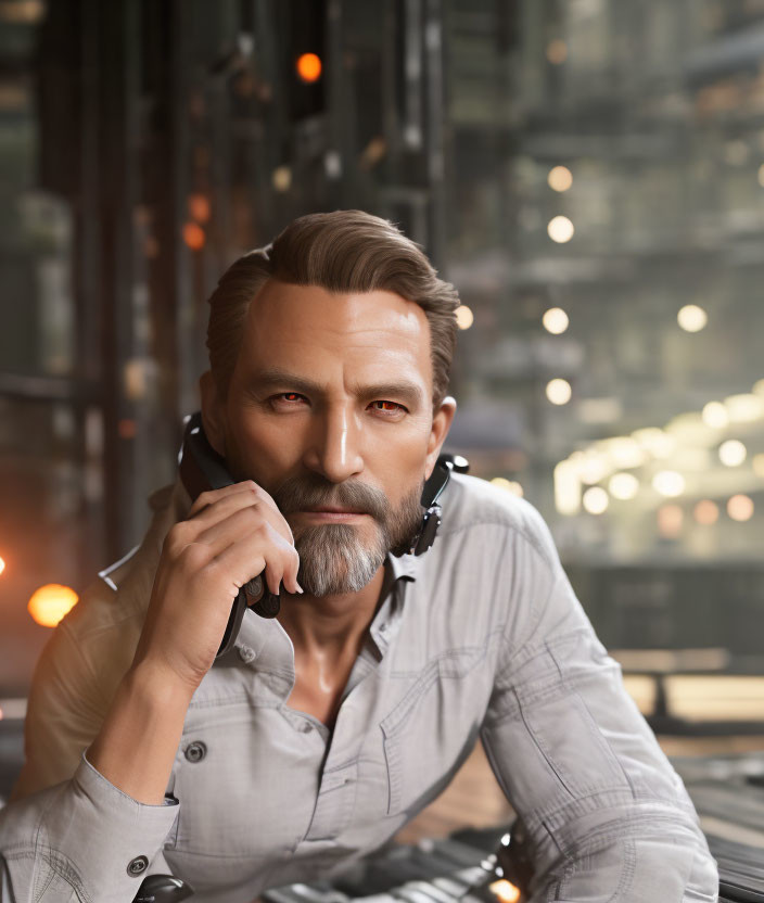 Bearded man on mobile phone in casual shirt with city background