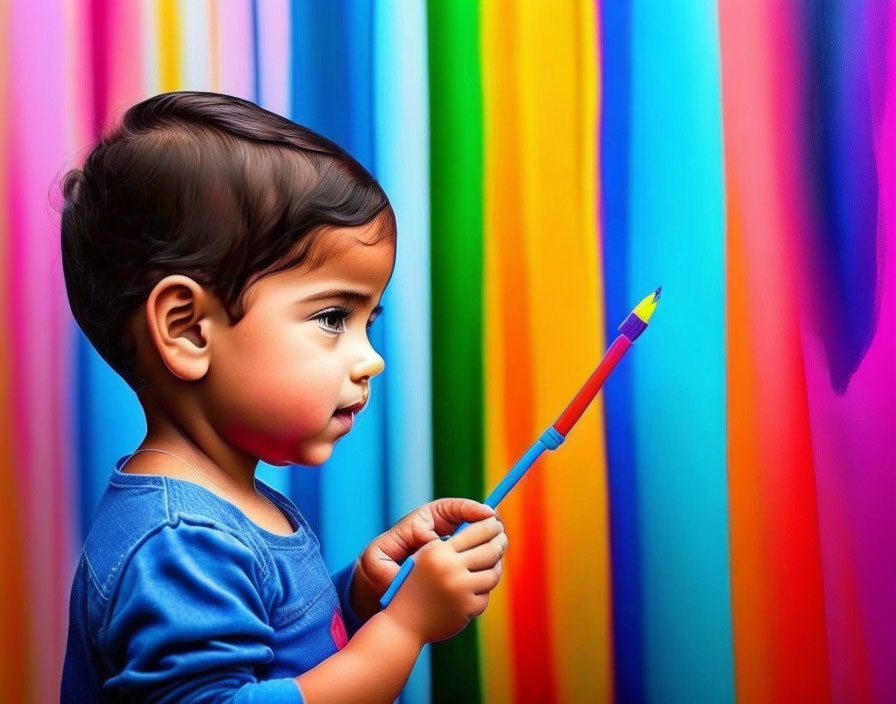 Toddler in Blue Shirt with Paintbrush on Colorful Striped Background