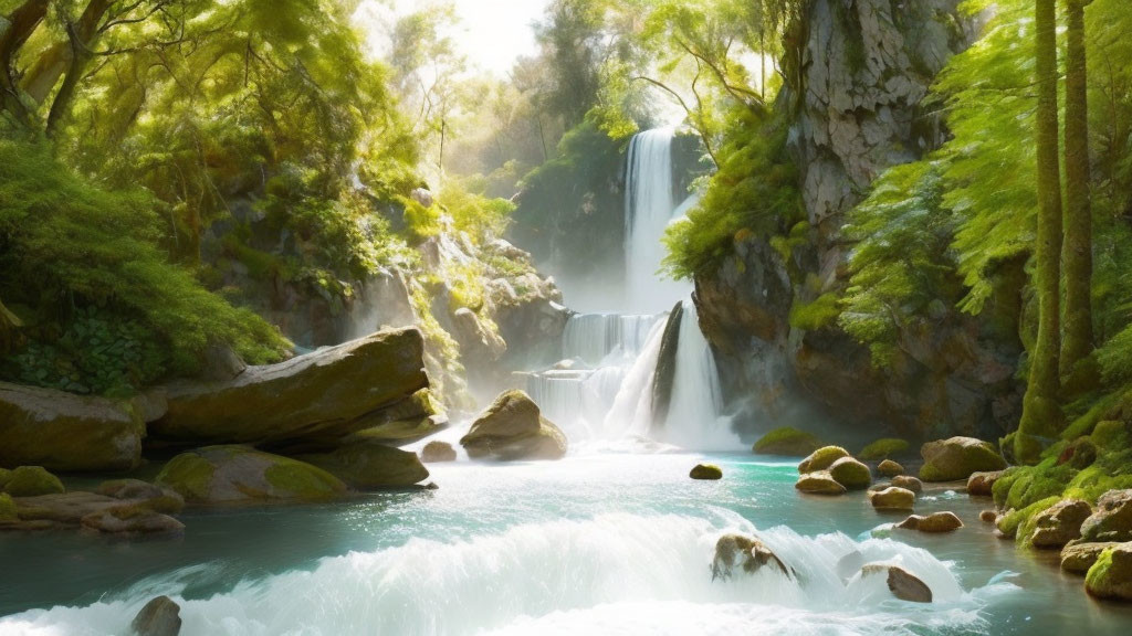 Tranquil Waterfalls and Verdant Foliage in Nature Setting