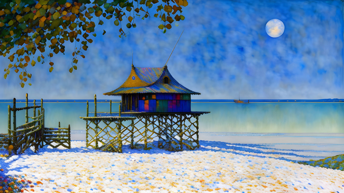 Traditional hut on stilts by snowy shore under moonlit sky and autumn leaves.