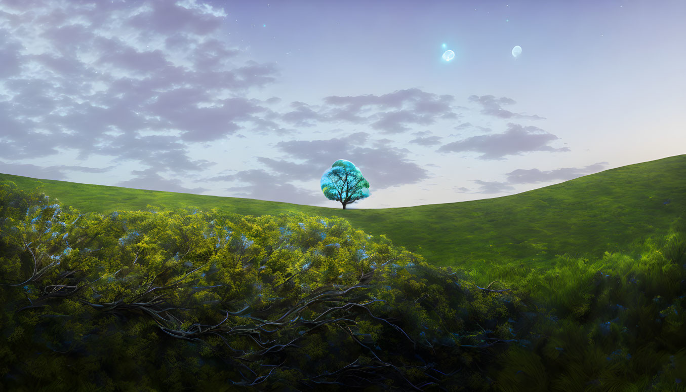 Fantasy landscape with radiant blue tree on lush green hill under night sky