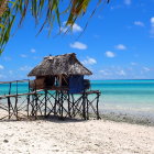 Traditional hut on stilts by snowy shore under moonlit sky and autumn leaves.