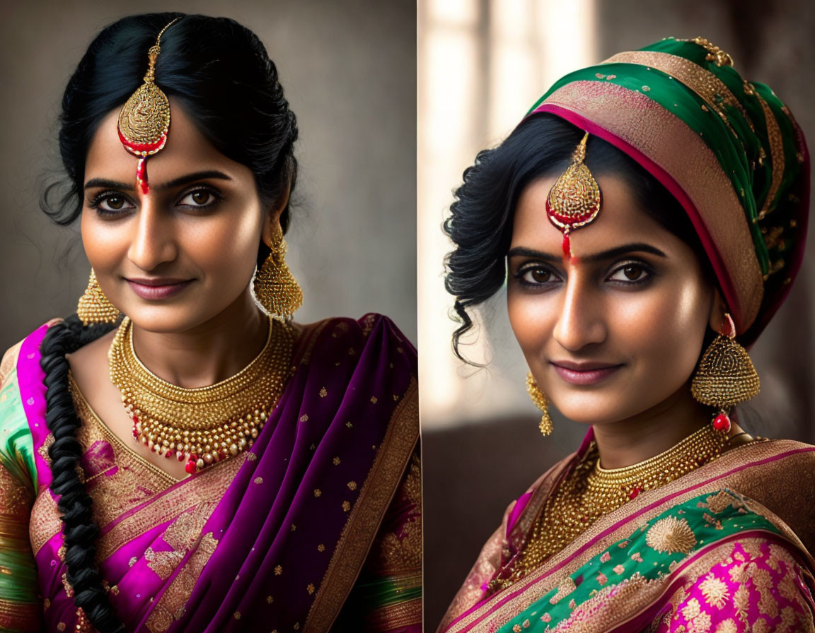 Traditional Indian Attire with Ornate Jewelry and Bindi Dual Portrait