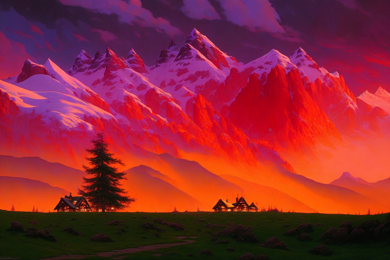 Mountainous landscape digital art: sunset, red and pink sky, small houses, lone tree.