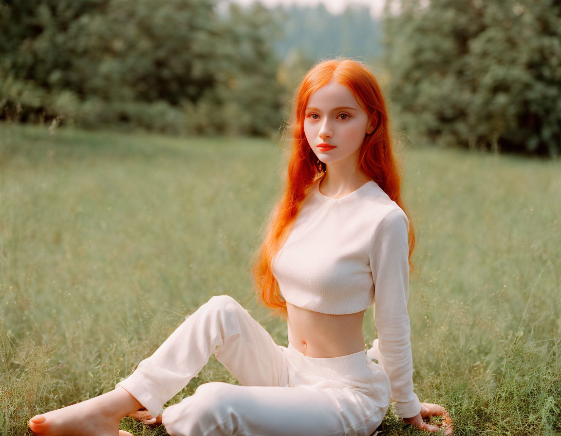 Red-haired woman in white outfit sitting on grass with trees in background