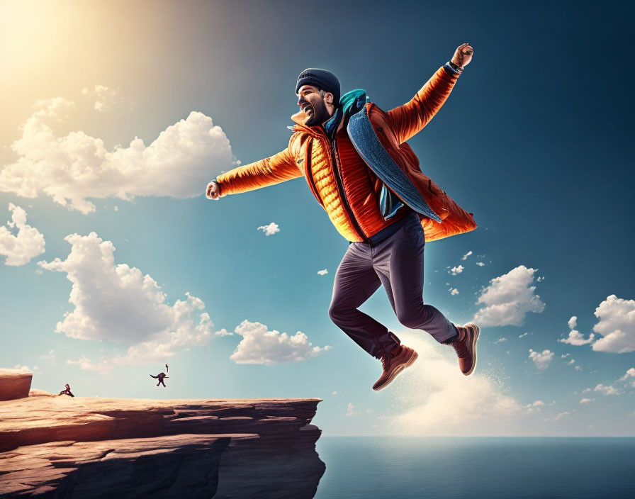 Man in Orange Jacket Jumping Between Cliffs on Blue Sky