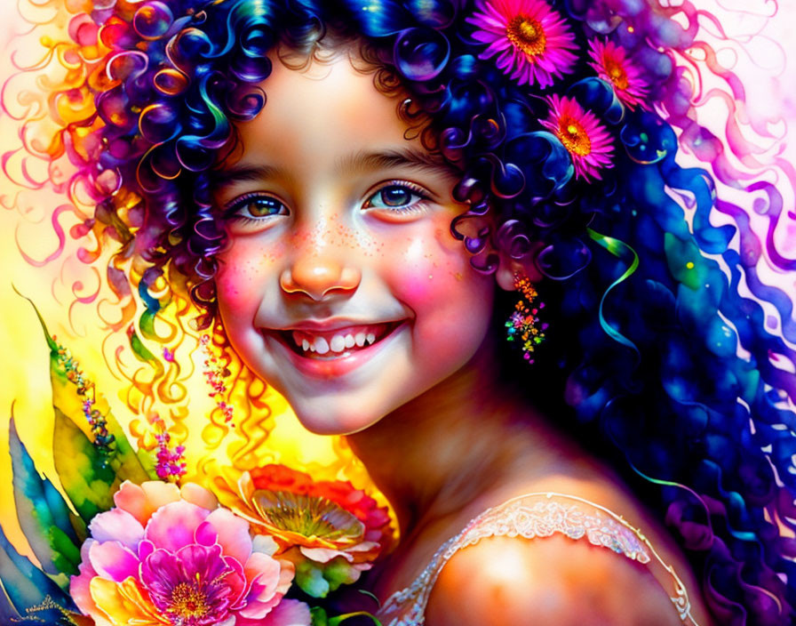 Colorful artwork of girl with multicolored hair & flowers