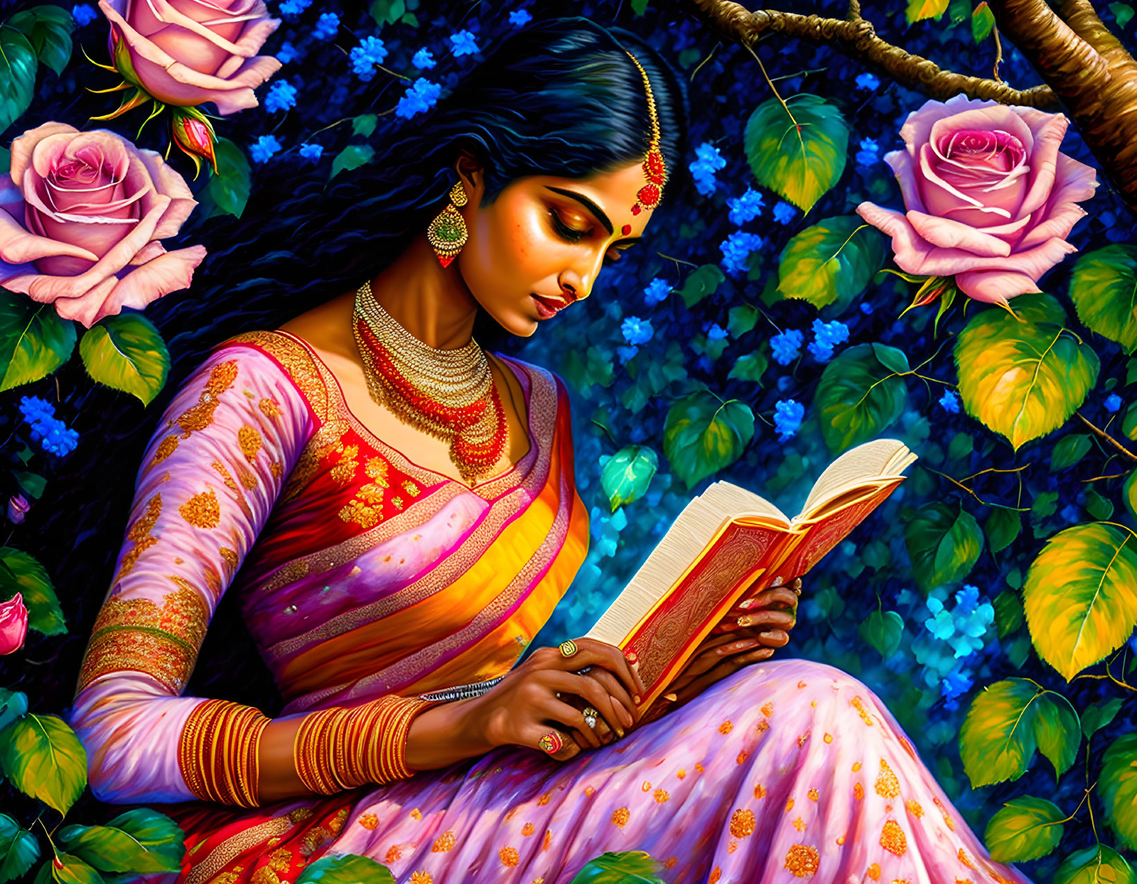 Traditional Indian Attire Woman Reading Book in Lush Floral Setting