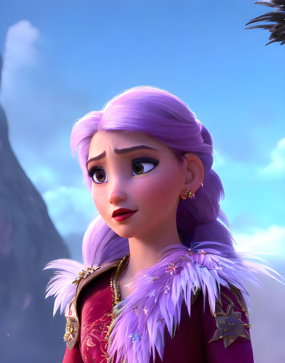 Purple-haired 3D animated character in regal red outfit