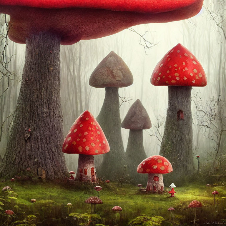 Vibrant red mushrooms in whimsical forest setting