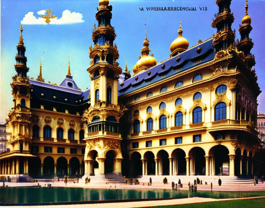 Luxurious building with golden domes and intricate architecture by a water feature.