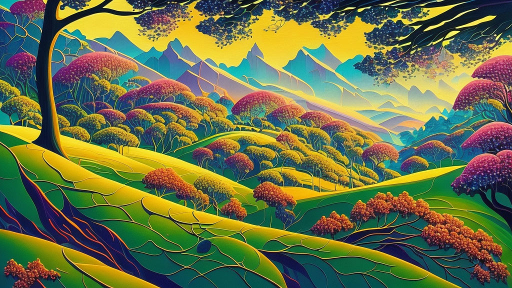 Colorful Stylized Landscape with Patterned Hills and Whimsical Trees