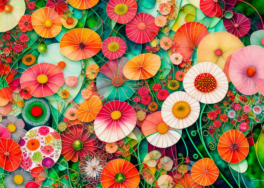 Colorful Stylized Flowers and Umbrellas on Green Background