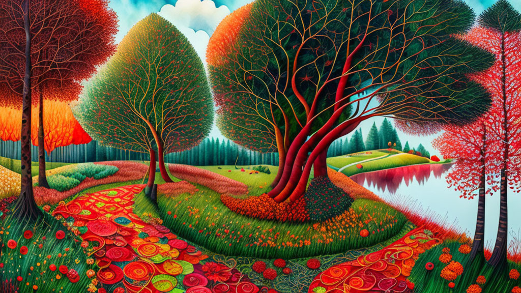 Colorful Stylized Landscape Painting with Whimsical Autumn Theme