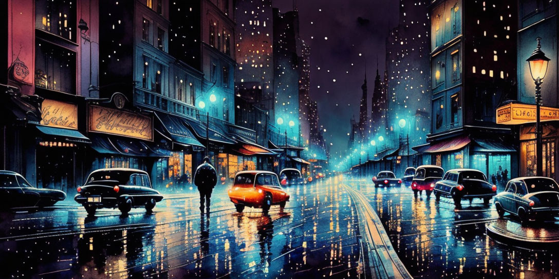 Rainy Night Street Scene: Vintage Cars, Glowing Lights, Cinematic Noir Vibes