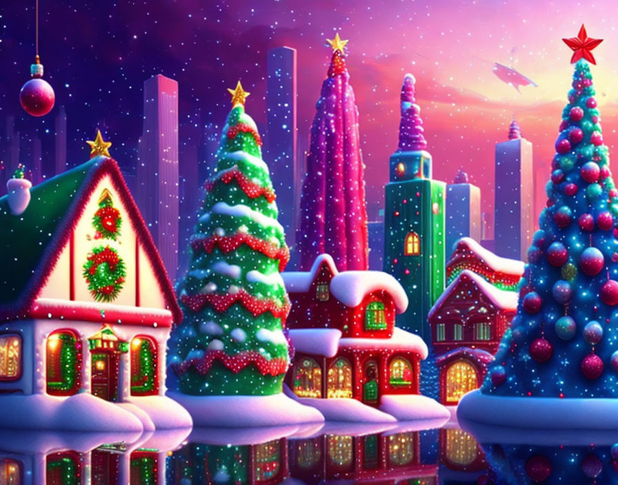 Vibrant Christmas village with decorated trees and snowy cityscape