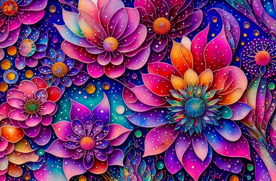 Colorful Psychedelic Flower Art Against Starry Background