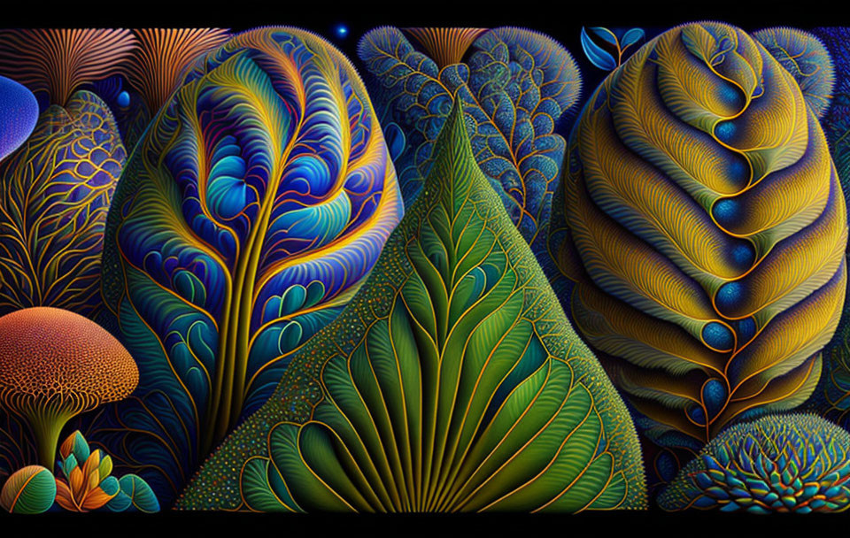 Colorful digital artwork featuring stylized plant-like shapes and a mushroom on the left, set against a