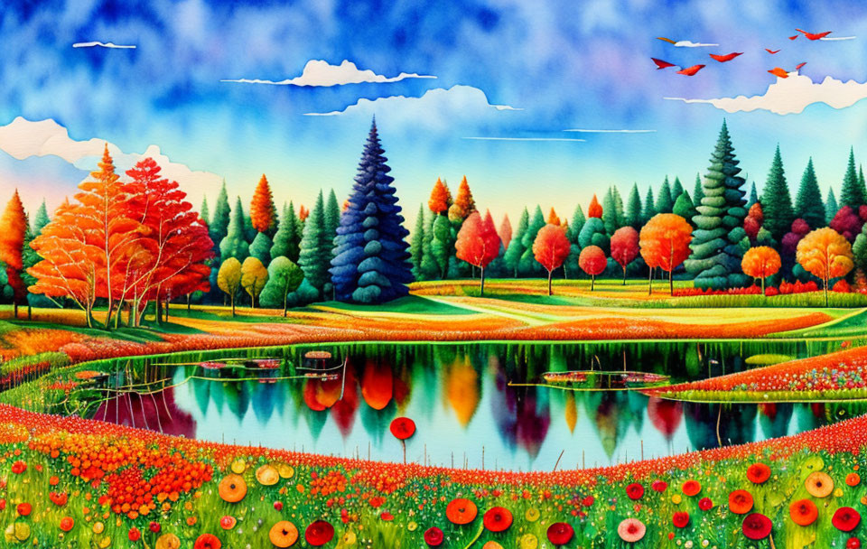 Colorful Autumn Trees Painting with Lake Reflections & Field of Flowers