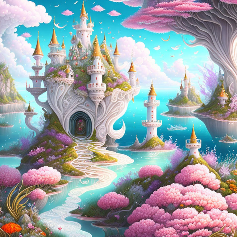 Fantasy landscape with intricate castle and magical towers in pastel sky