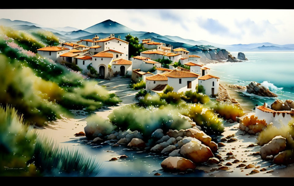 White Houses and Terracotta Roofs in Coastal Village Amidst Lush Greenery